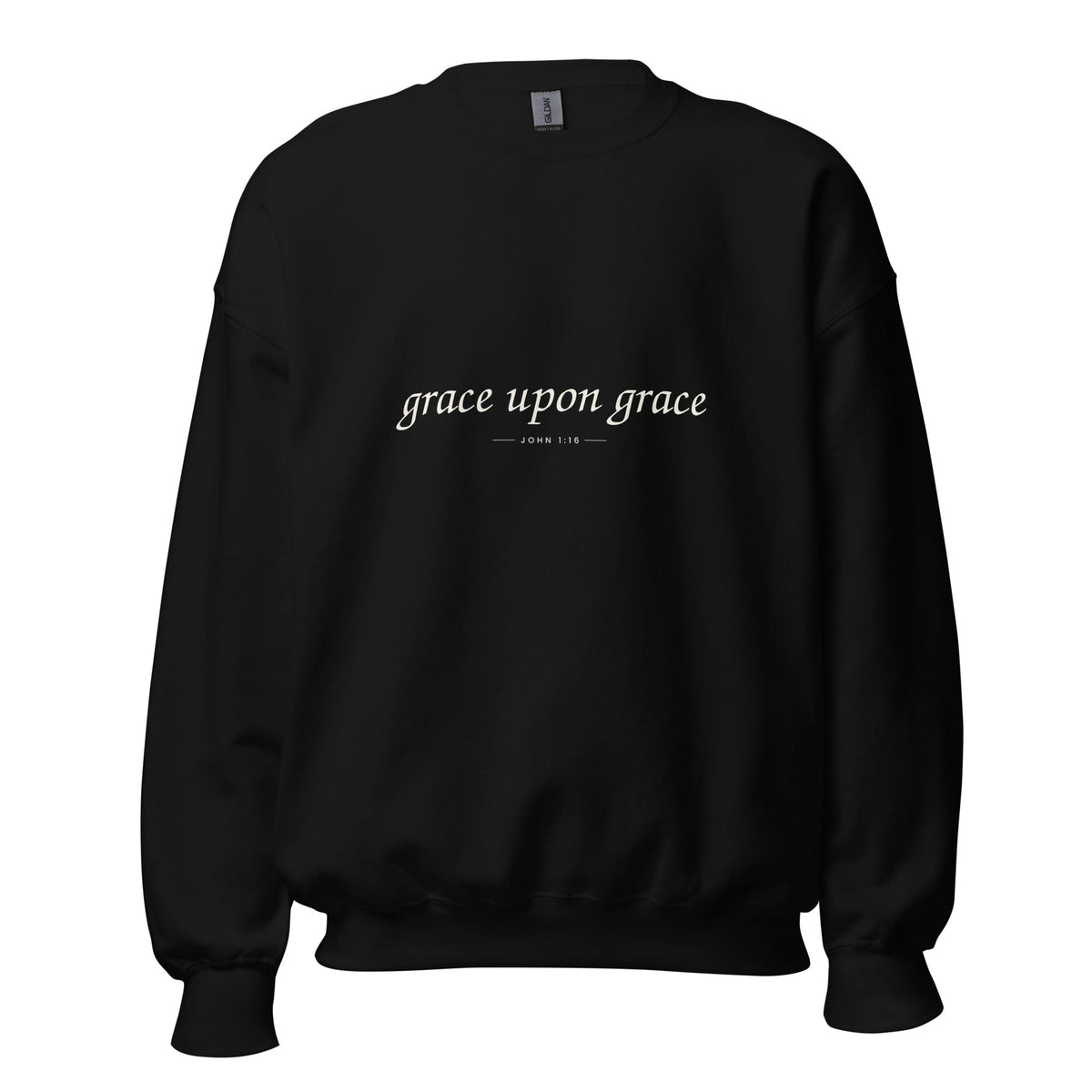 Grace Upon Grace Christian crewneck sweatshirt in Black, front view
