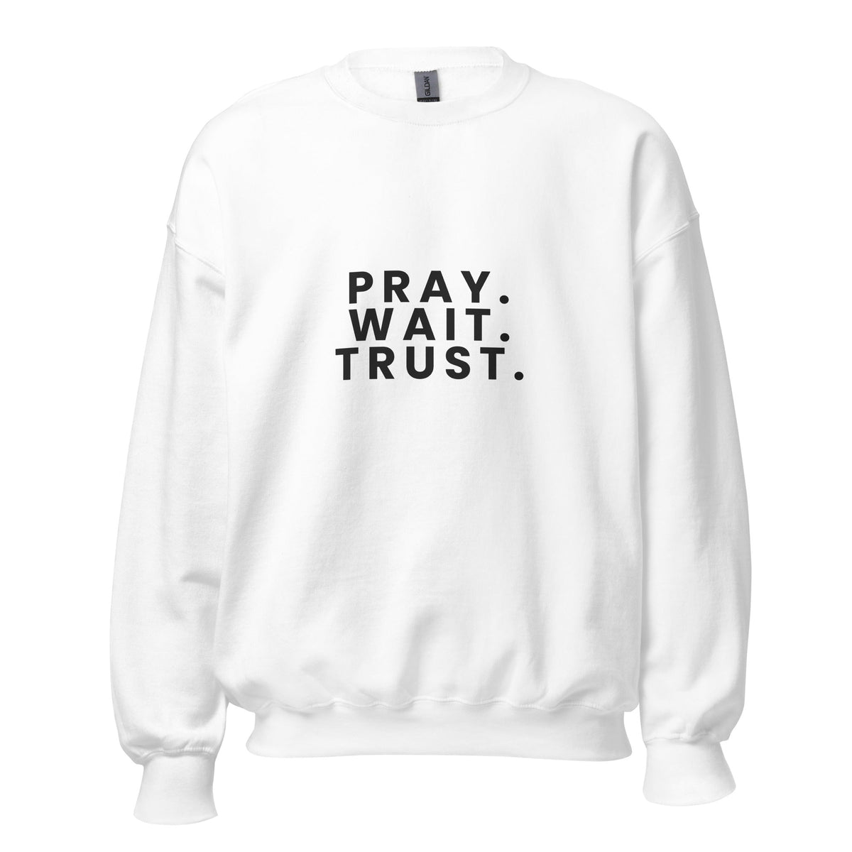 Pray. Wait. Trust. Christian crewneck sweatshirt in White, front view
