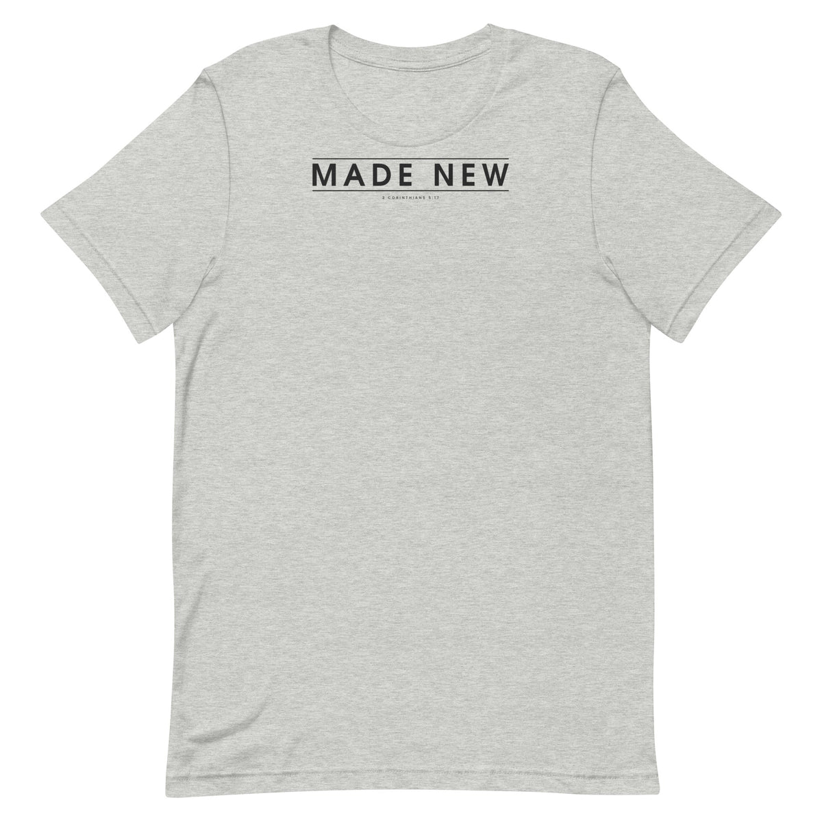 Made New Christian unisex tee in Athletic Heather, flat lay front view