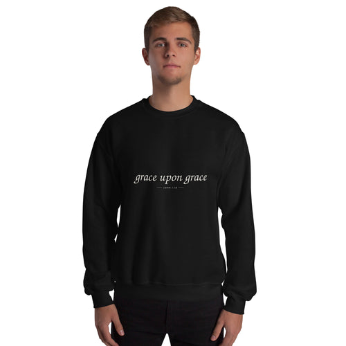 Grace Upon Grace Christian unisex crewneck sweatshirt in Black, front view on model