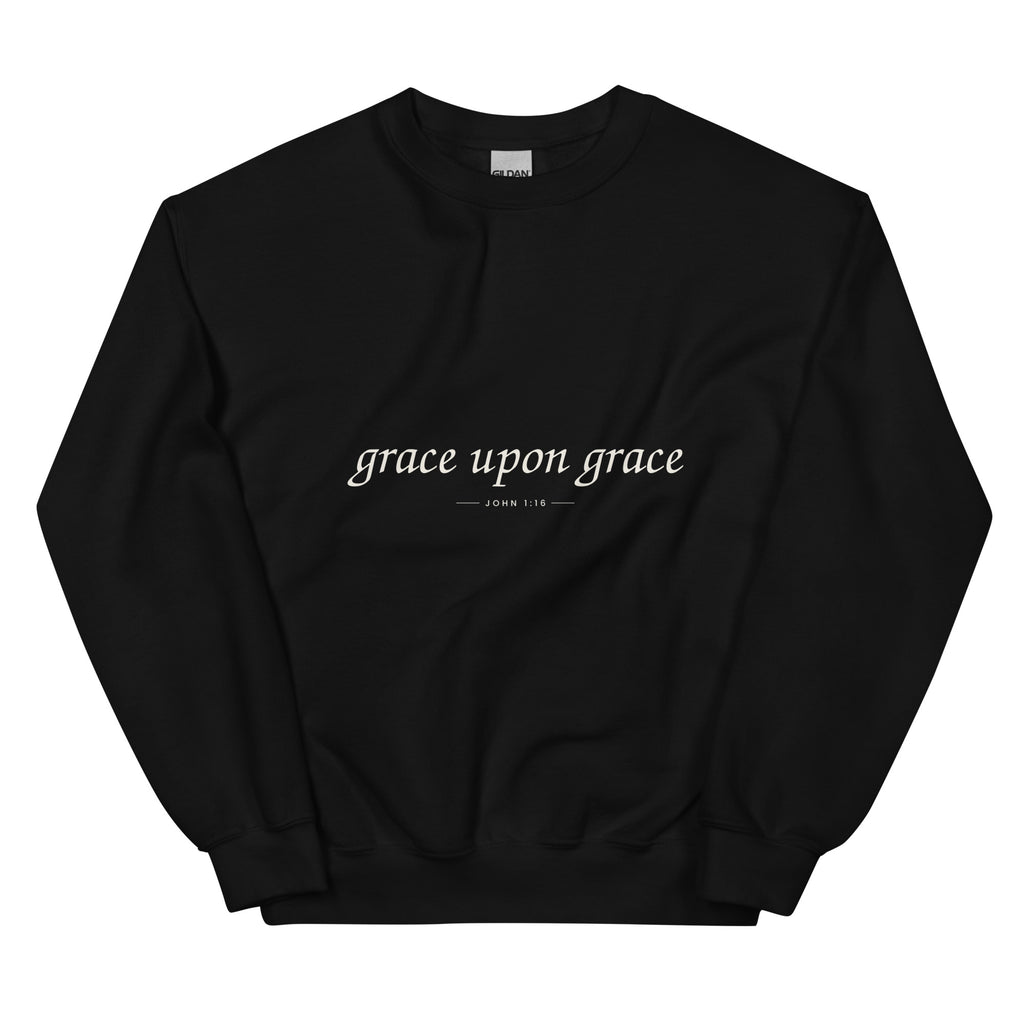 Grace Upon Grace Christian unisex crewneck sweatshirt in Black, flat lay front view