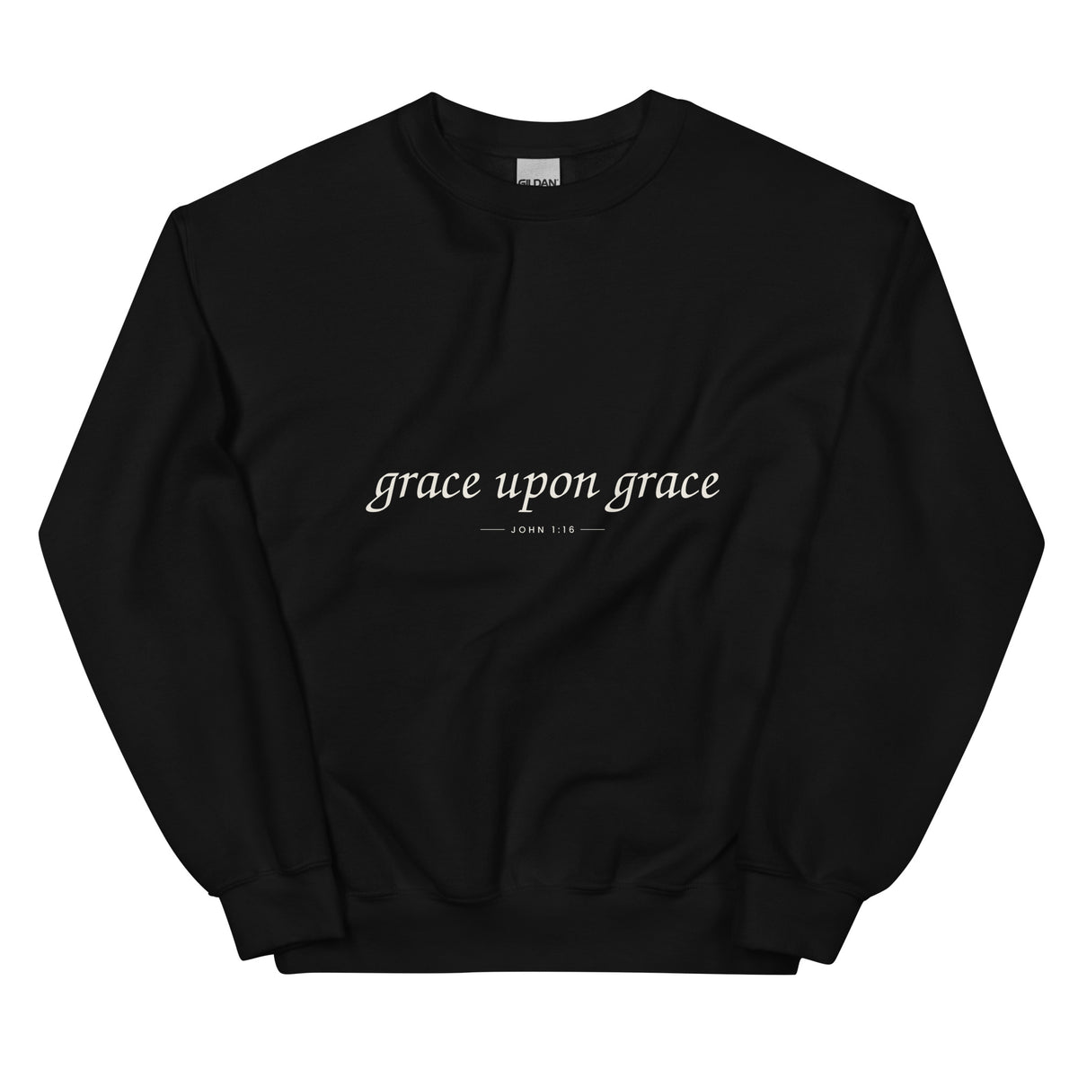 Grace Upon Grace Christian unisex crewneck sweatshirt in Black, flat lay front view