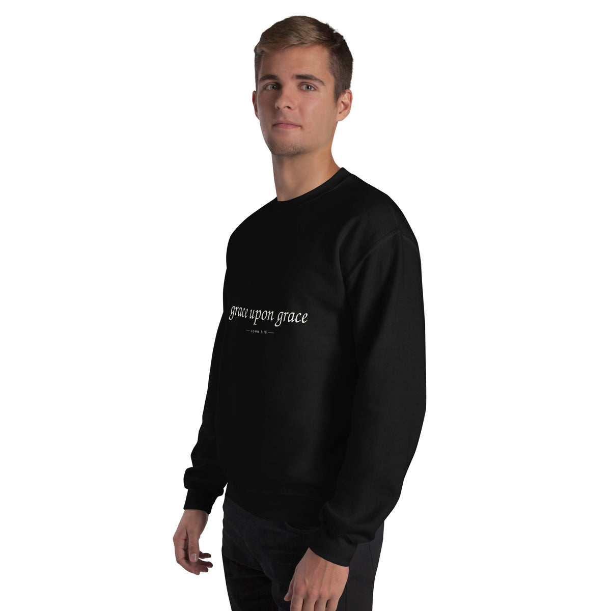 Grace Upon Grace Christian unisex crewneck sweatshirt in Black, left-front view on model