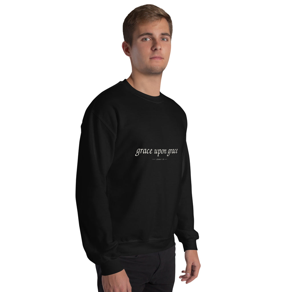 Grace Upon Grace Christian unisex crewneck sweatshirt in Black, right-front view on model