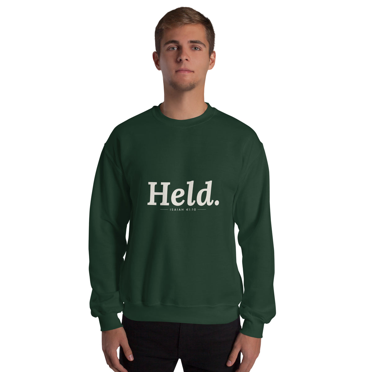 Held. Christian unisex crewneck sweatshirt in Forest Green, front view on model