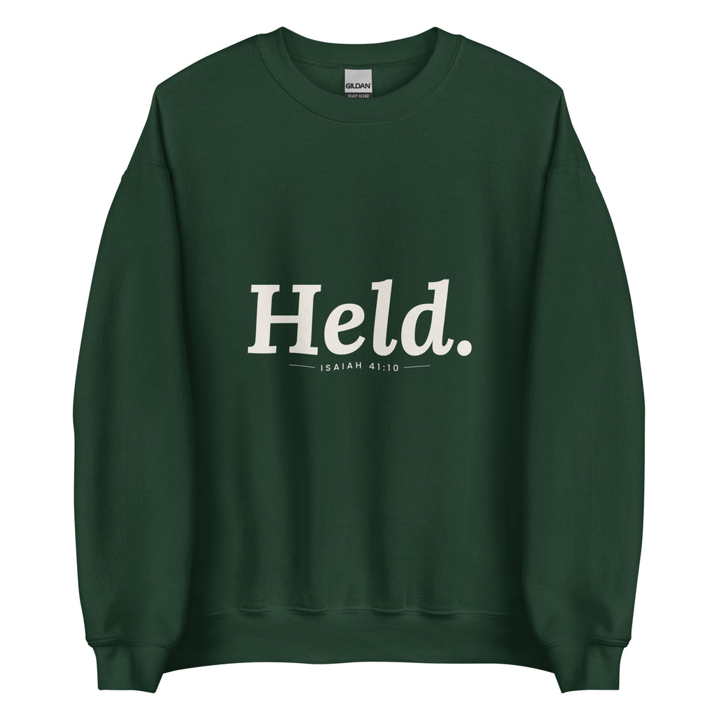 Held. Christian unisex crewneck sweatshirt in Forest Green, flat lay front view