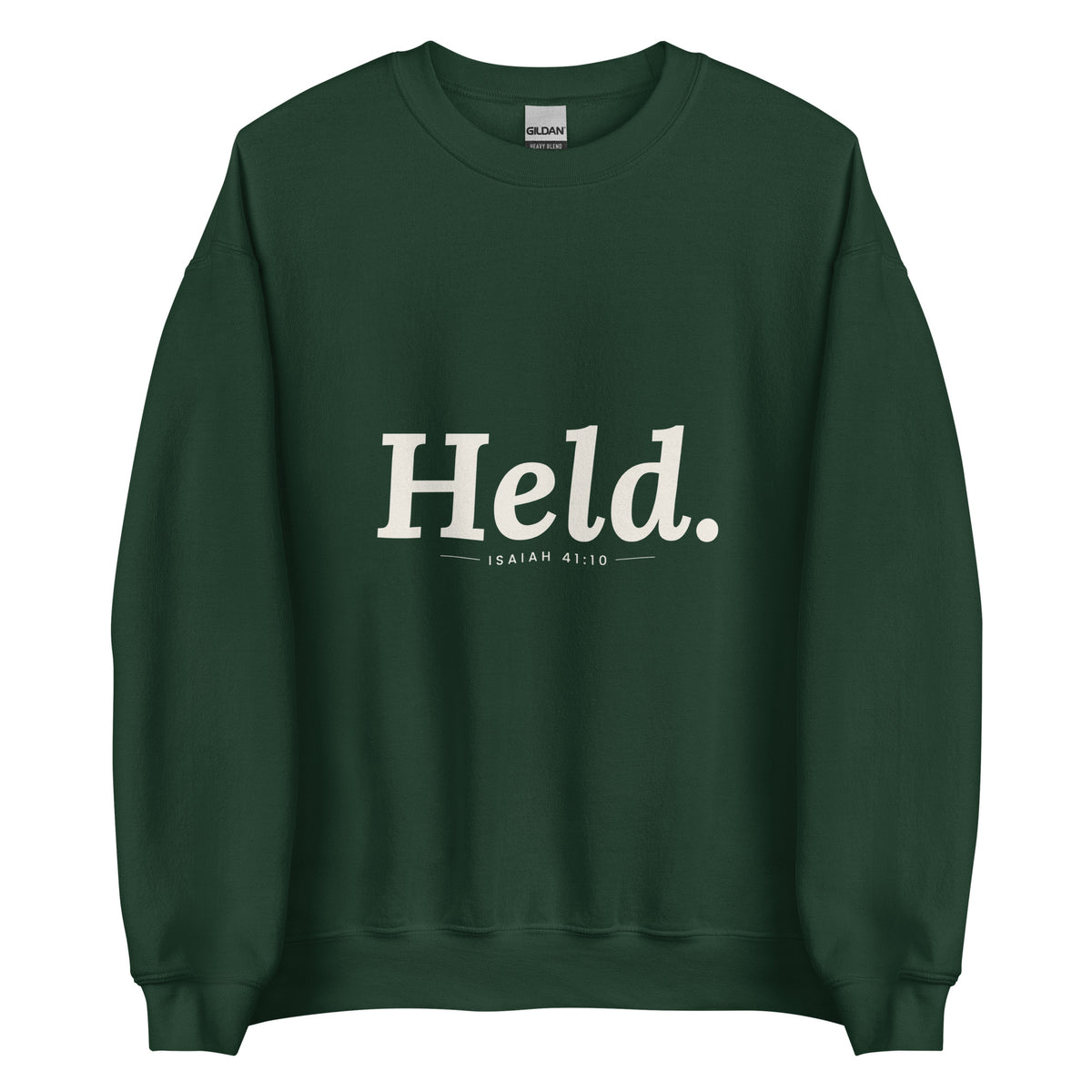 Held. Christian unisex crewneck sweatshirt in Forest Green, flat lay front view