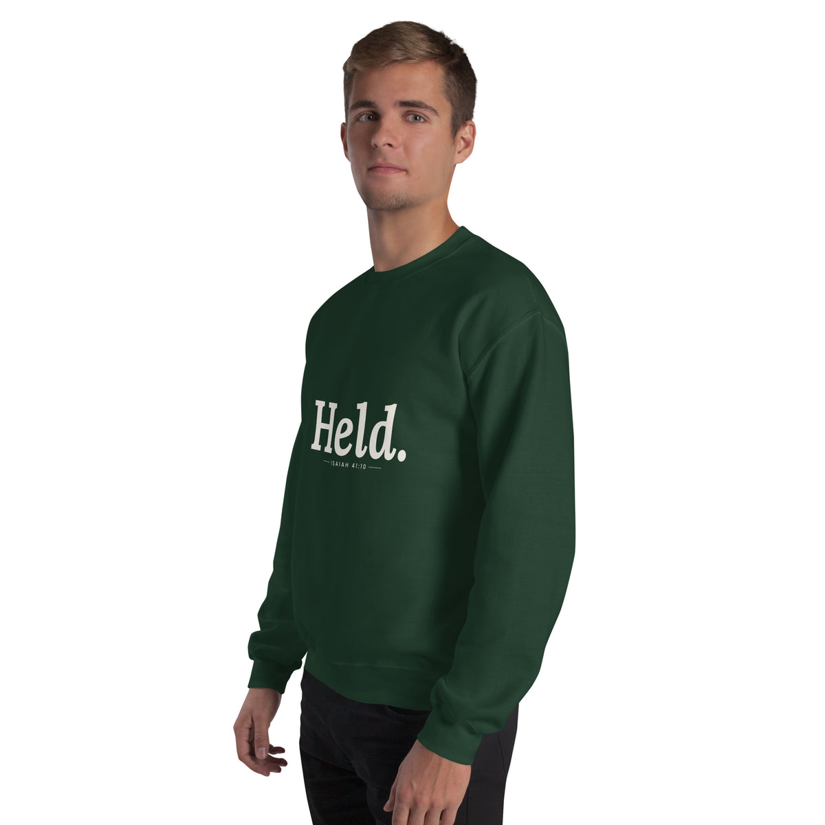 Held. Christian unisex crewneck sweatshirt in Forest Green, left-front view on model