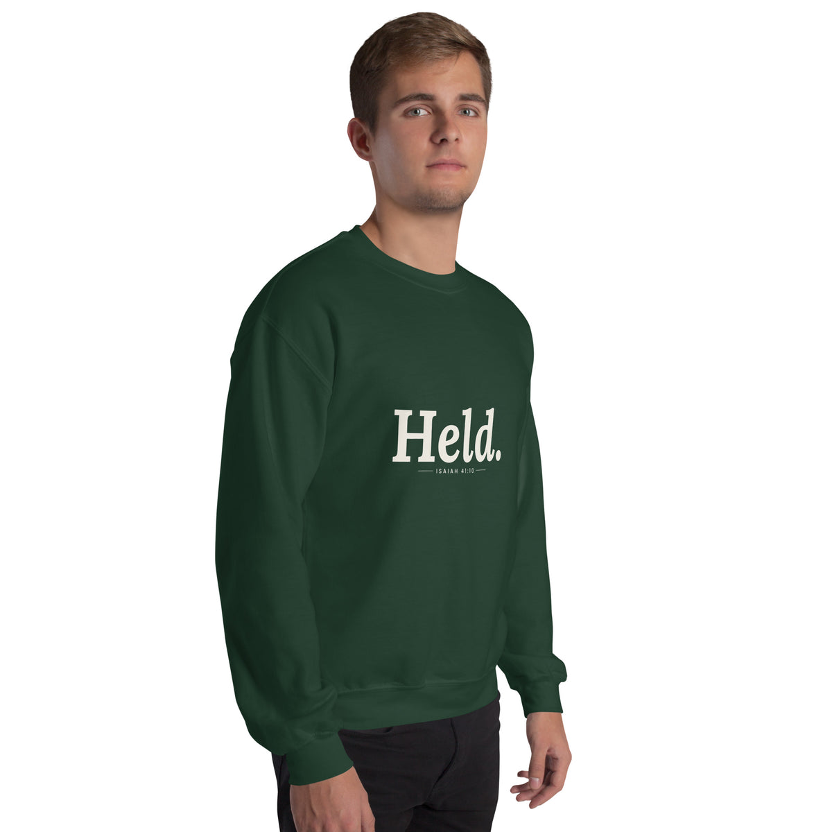 Held. Christian unisex crewneck sweatshirt in Forest Green, right-front view on model