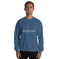 Anchored Christian unisex crewneck sweatshirt in Indigo Blue, front view on model