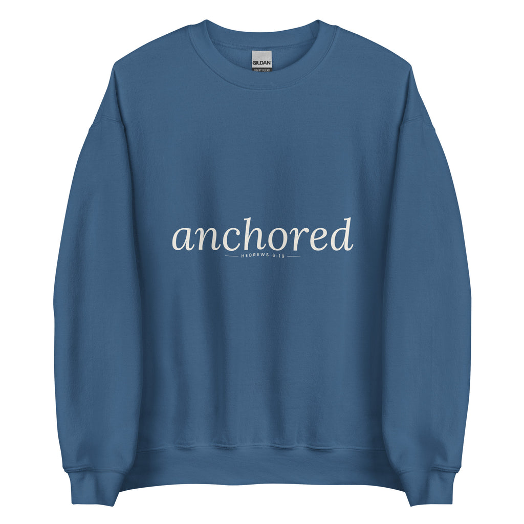 Anchored Christian unisex crewneck sweatshirt in Indigo Blue, flat lay front view