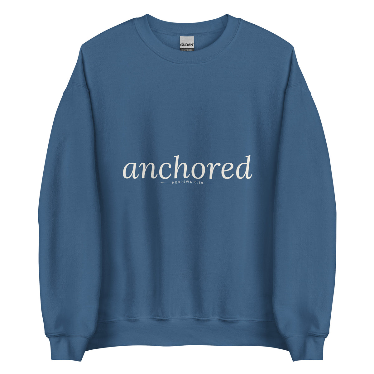Anchored Christian unisex crewneck sweatshirt in Indigo Blue, flat lay front view