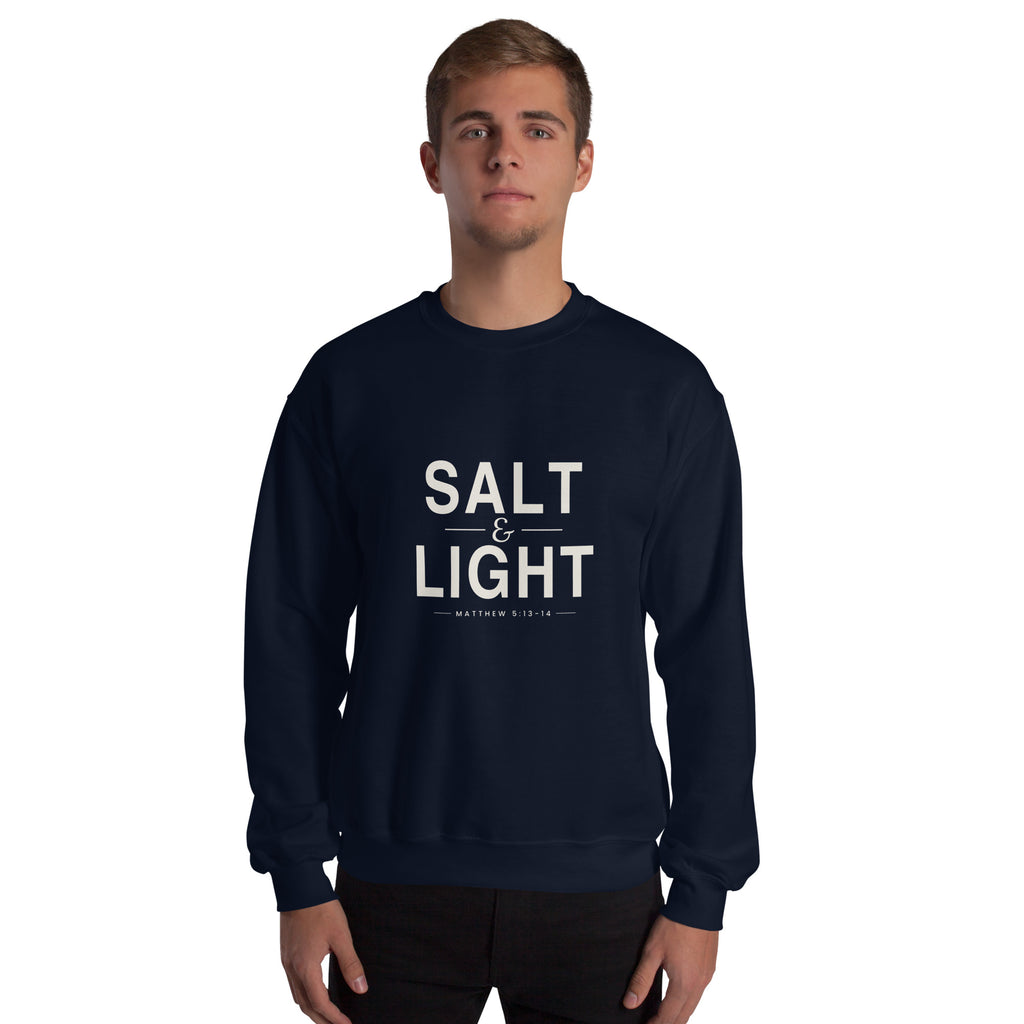 Salt & Light Christian unisex crewneck sweatshirt in Navy, front view on model
