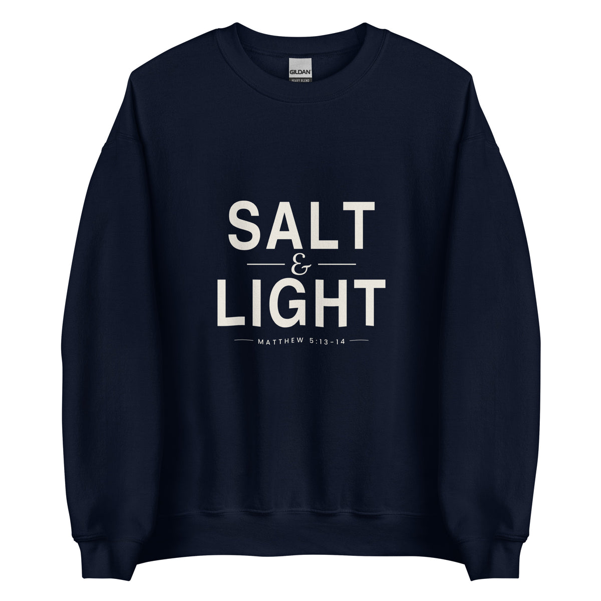 Salt & Light Christian unisex crewneck sweatshirt in Navy, flat lay front view
