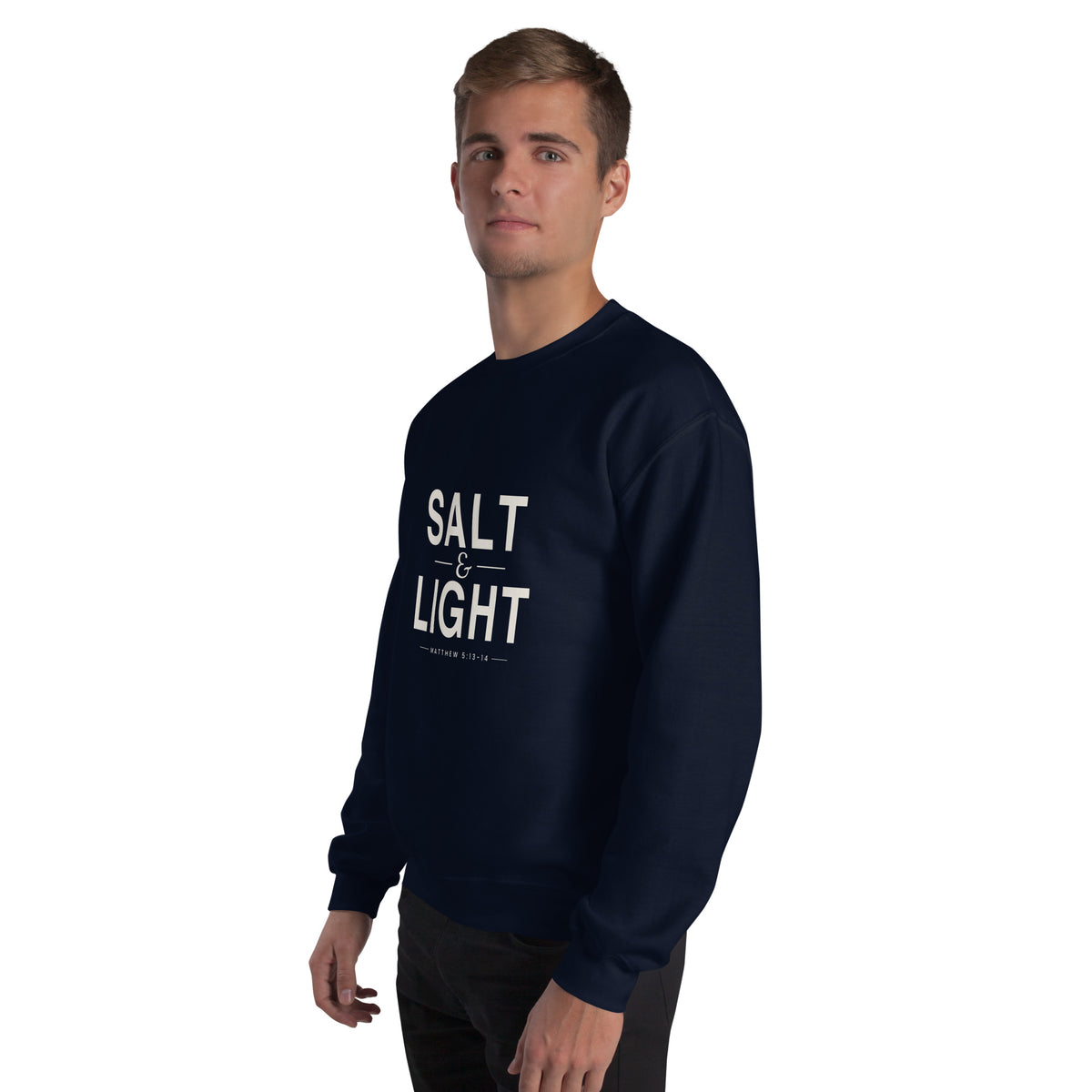 Salt & Light Christian unisex crewneck sweatshirt in Navy, left-front view on model