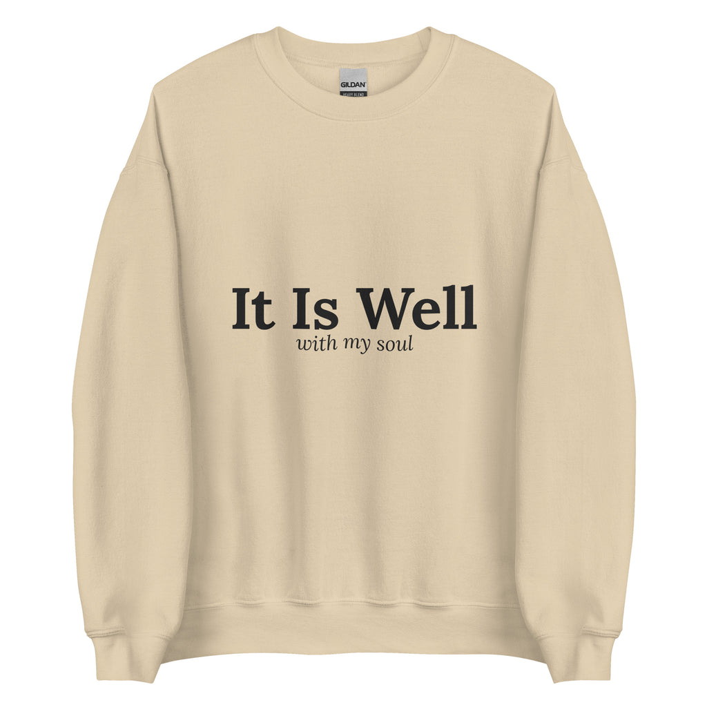 It Is Well Christian unisex crewneck sweatshirt in Sand, flat lay front view