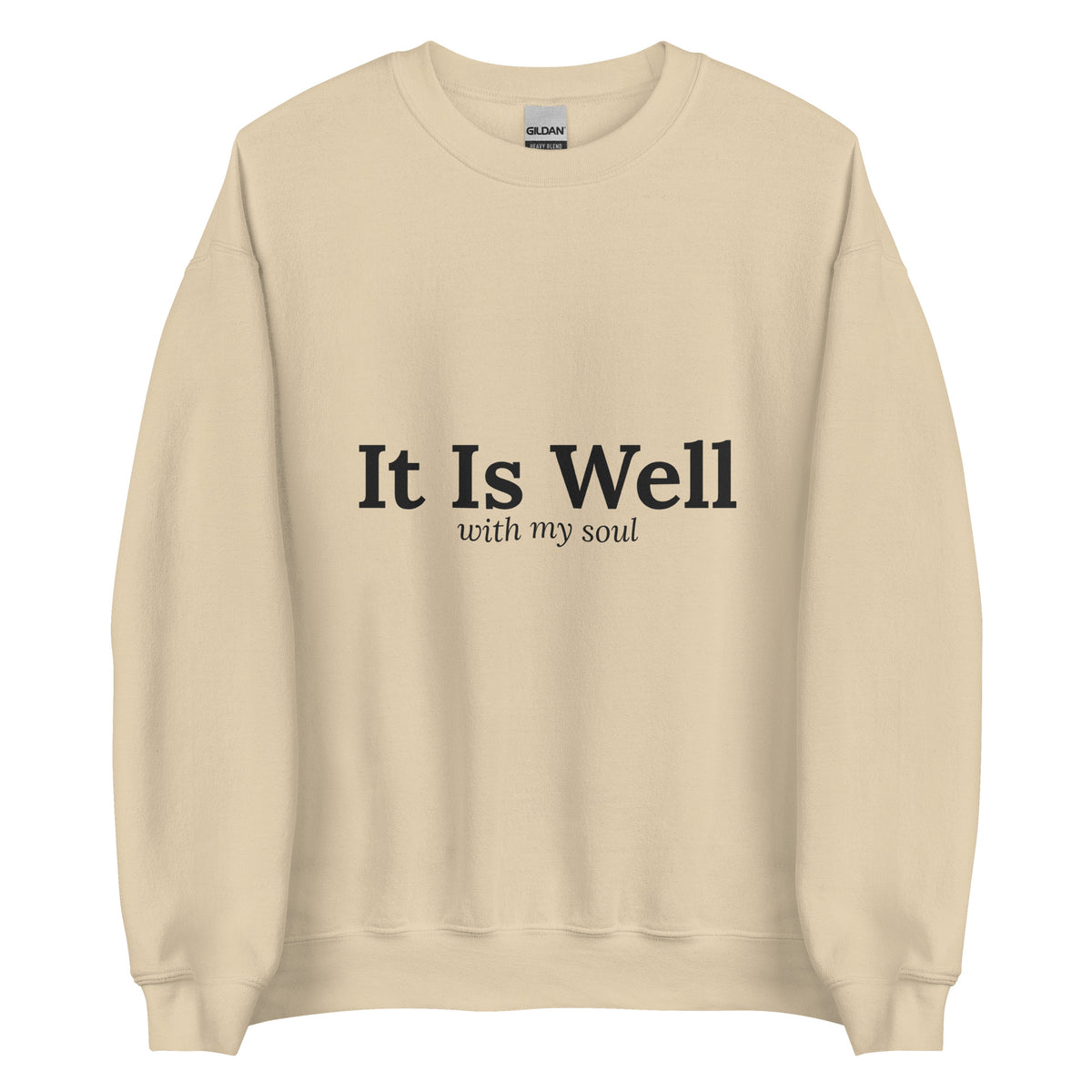 It Is Well Christian unisex crewneck sweatshirt in Sand, flat lay front view