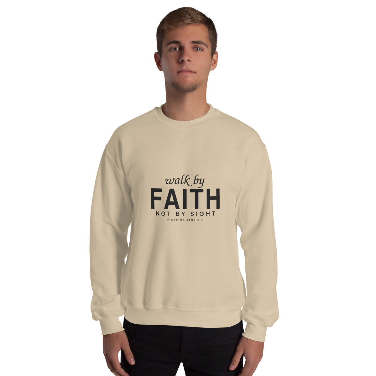 Walk by Faith Christian unisex crewneck sweatshirt in Sand, front view on model