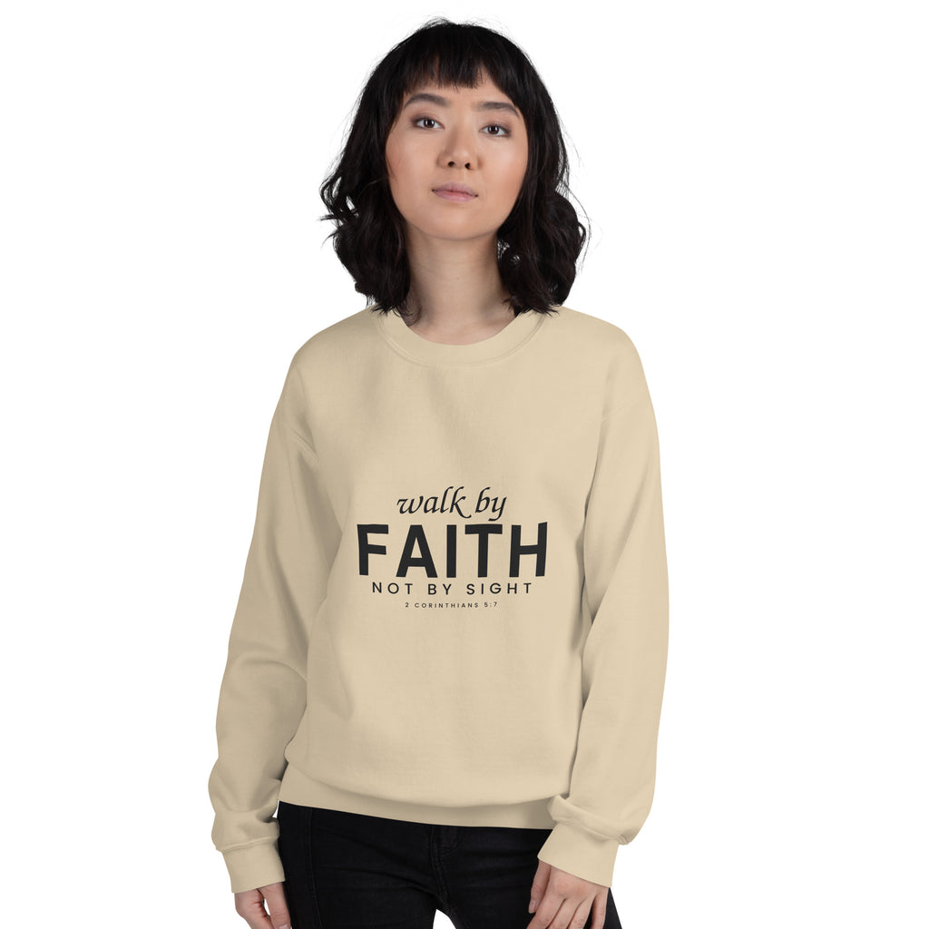 Walk by Faith Christian unisex crewneck sweatshirt in Sand, front view on women's model