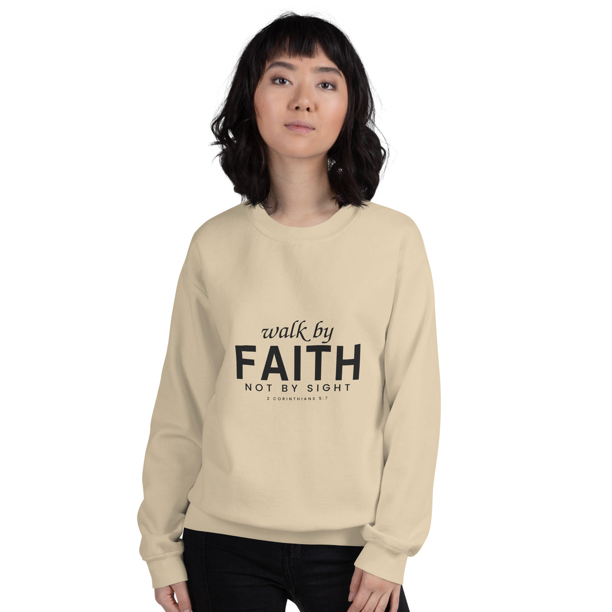 Walk by Faith Christian unisex crewneck sweatshirt in Sand, front view on women's model