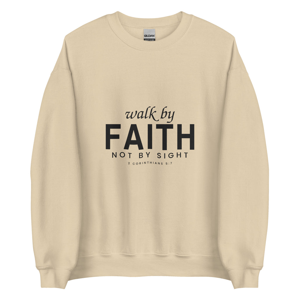 Walk by Faith Christian unisex crewneck sweatshirt in Sand, flat lay front view