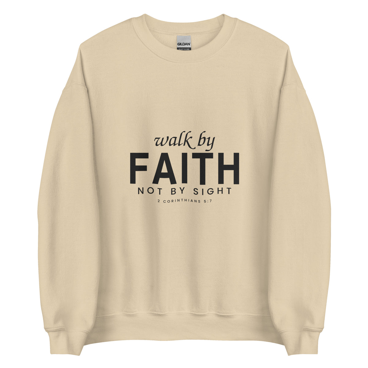 Walk by Faith Christian unisex crewneck sweatshirt in Sand, flat lay front view