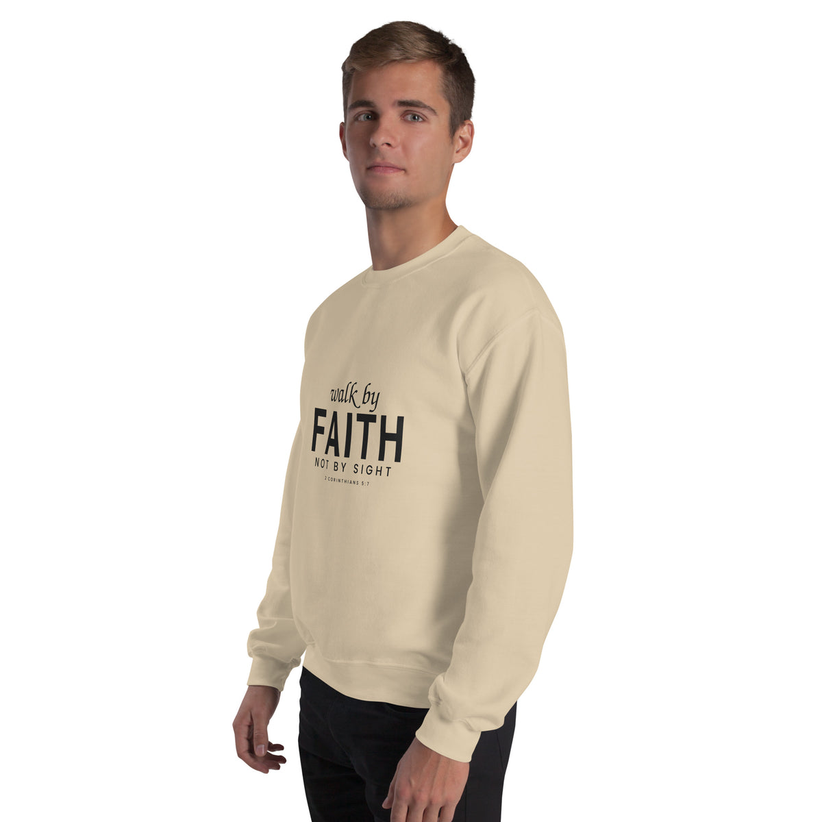 Walk by Faith Christian unisex crewneck sweatshirt in Sand, left-front view on model