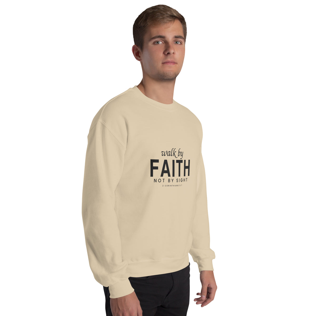 Walk by Faith Christian unisex crewneck sweatshirt in Sand, right-front view on model