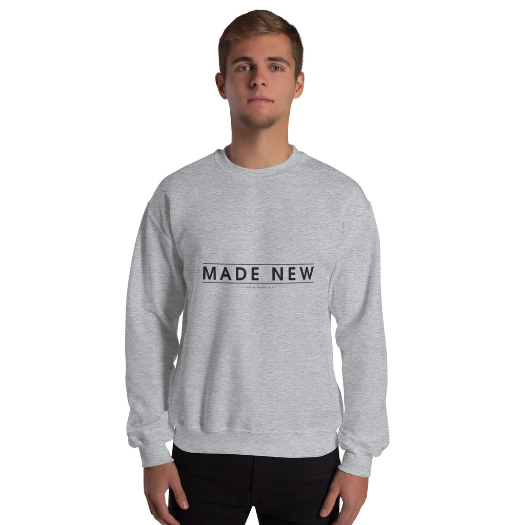 Made New Christian unisex crewneck sweatshirt in Sport Grey, front view on model