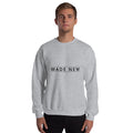 Made New Christian unisex crewneck sweatshirt in Sport Grey, front view on model