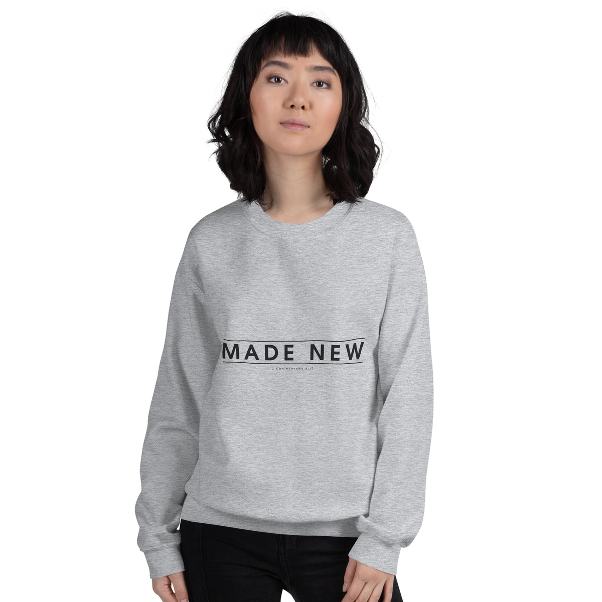 Made New Christian unisex crewneck sweatshirt in Sport Grey, front view on women's model