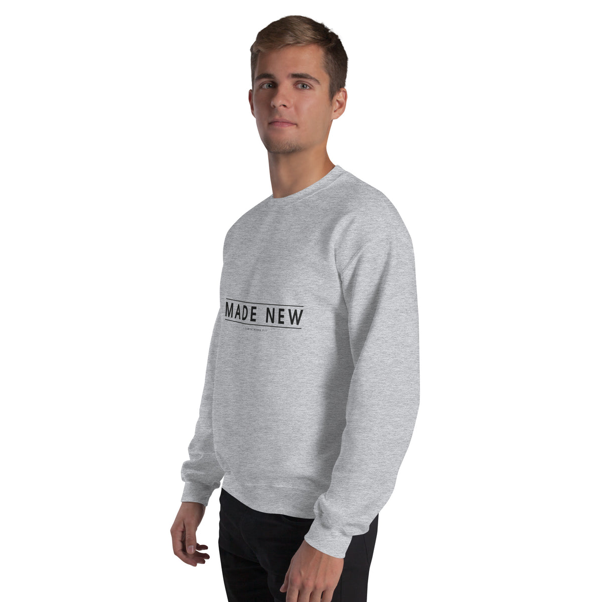 Made New Christian unisex crewneck sweatshirt in Sport Grey, left-front view on model