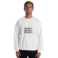 Pray. Wait. Trust. Christian unisex crewneck sweatshirt in White, front view on model
