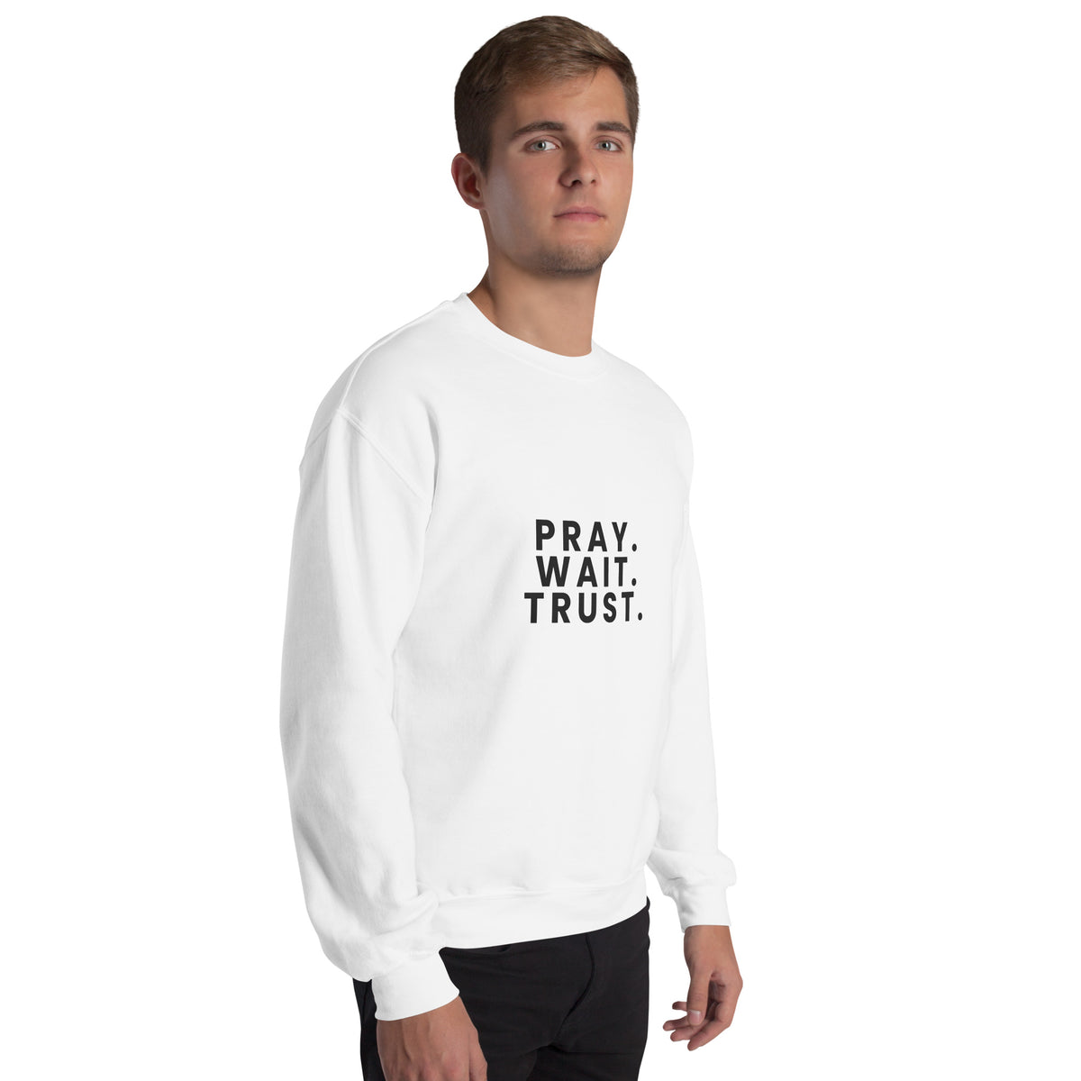 Pray. Wait. Trust. Christian unisex crewneck sweatshirt in White, right-front view on model