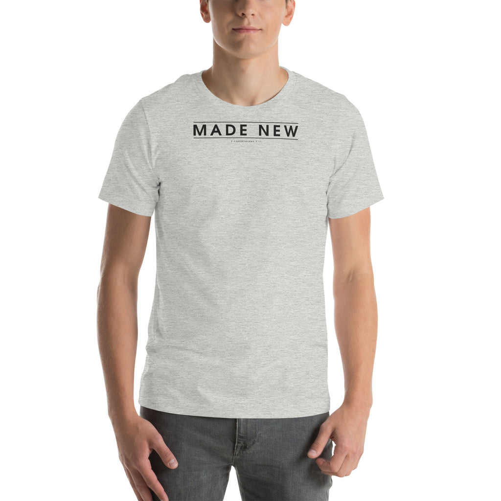 Made New Christian unisex tee in Athletic Heather, front view on model