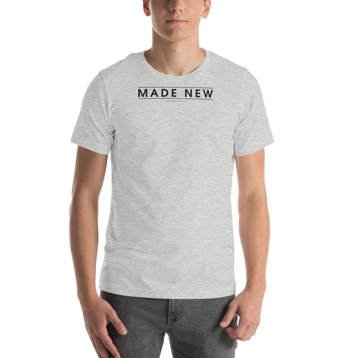 Made New Christian unisex tee in Athletic Heather, front view on model