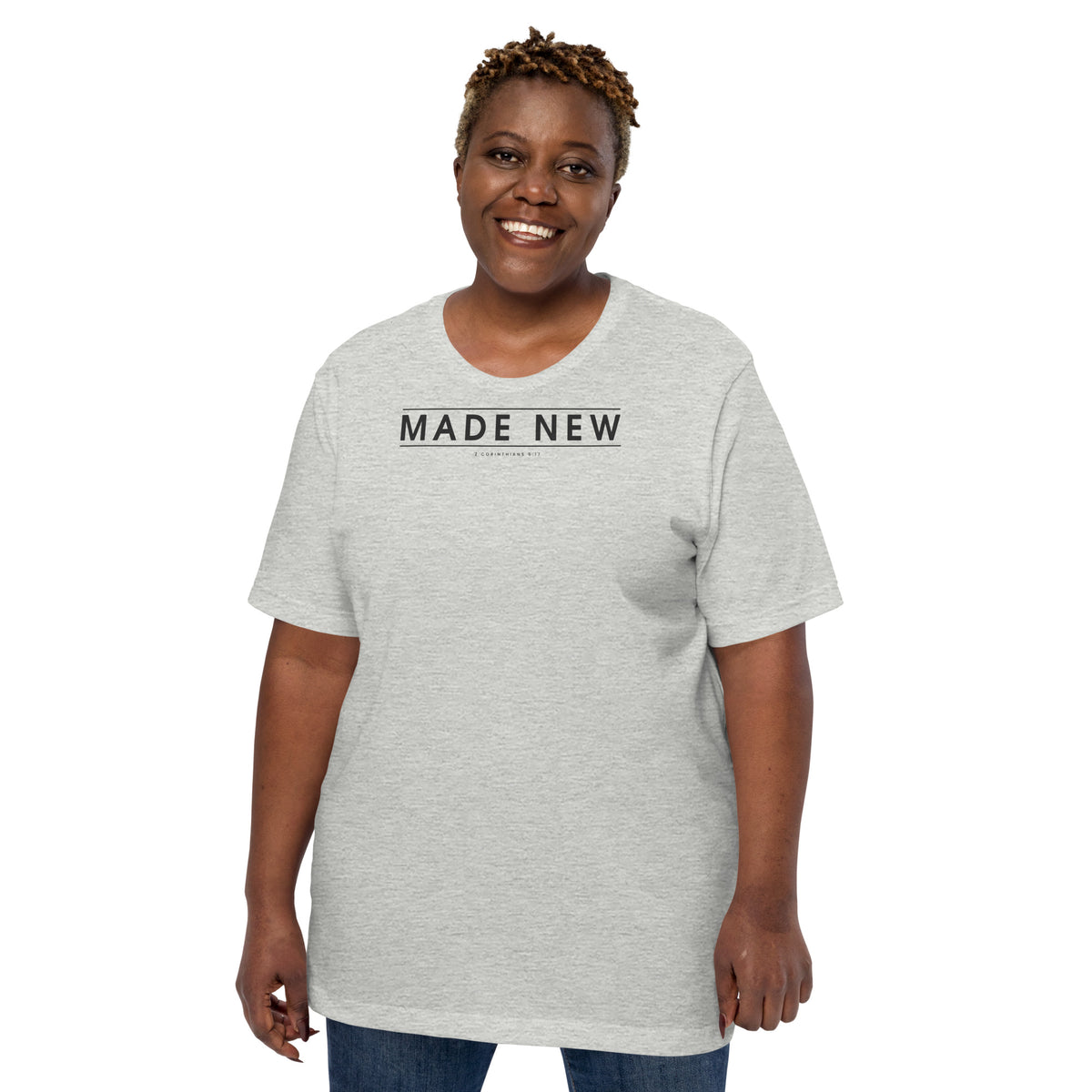 Made New Christian unisex tee in Athletic Heather, front view on women's model