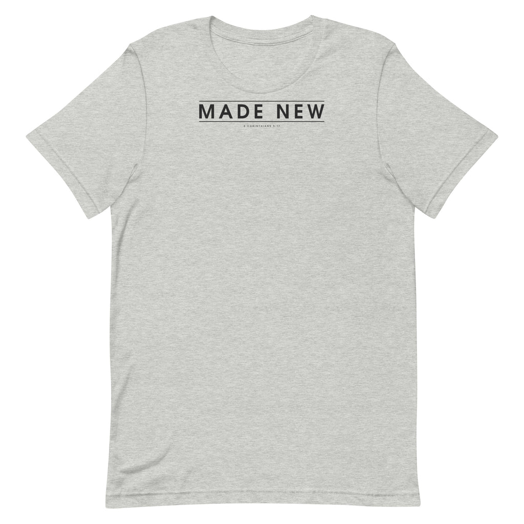 Made New Christian unisex tee in Athletic Heather, flat lay front view
