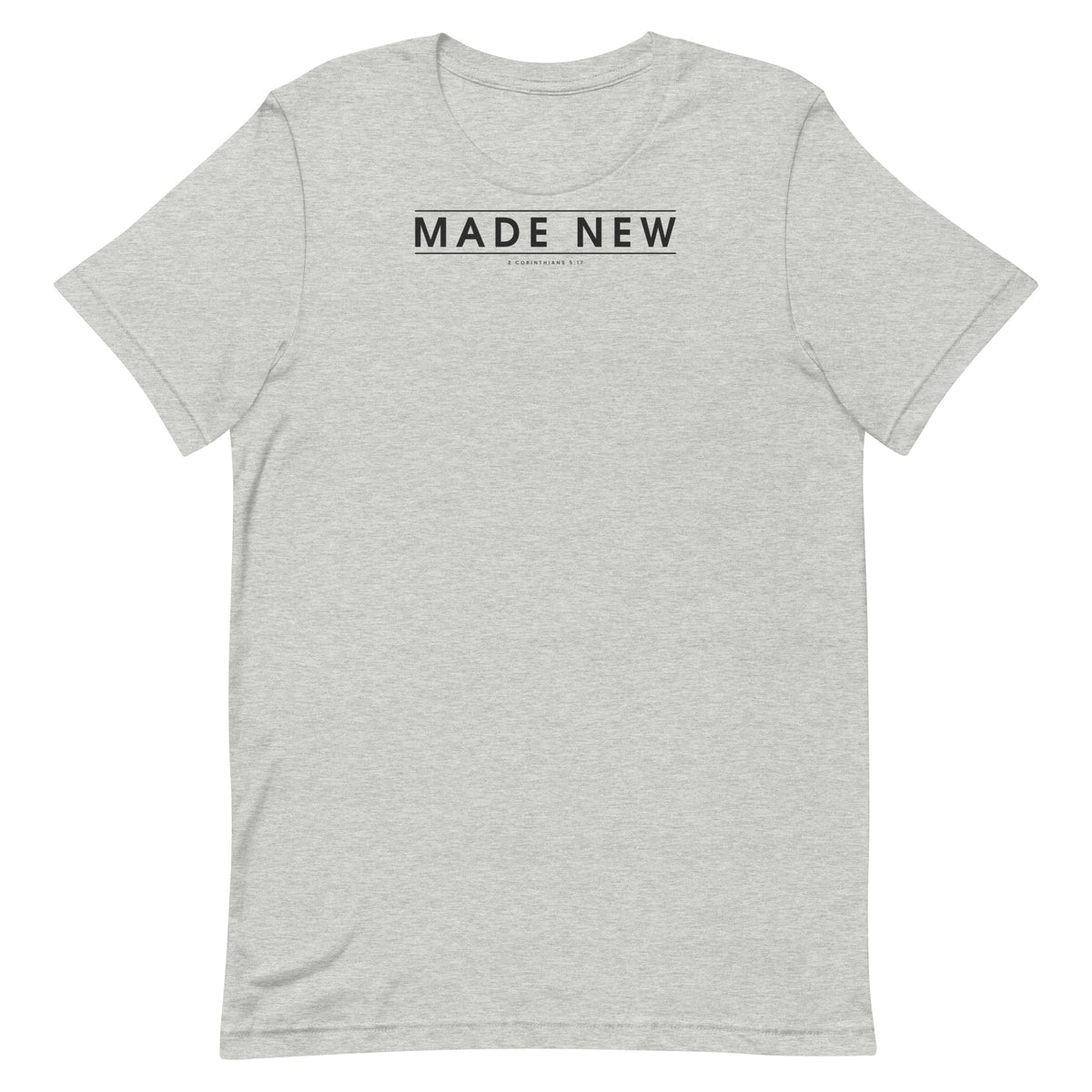 Made New Christian unisex tee in Athletic Heather, flat lay front view