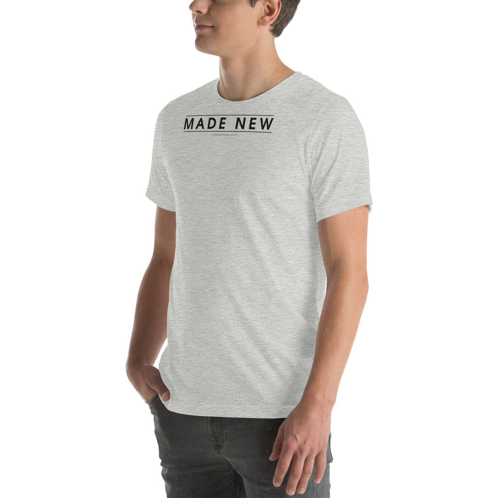 Made New Christian unisex tee in Athletic Heather, left-front view on model