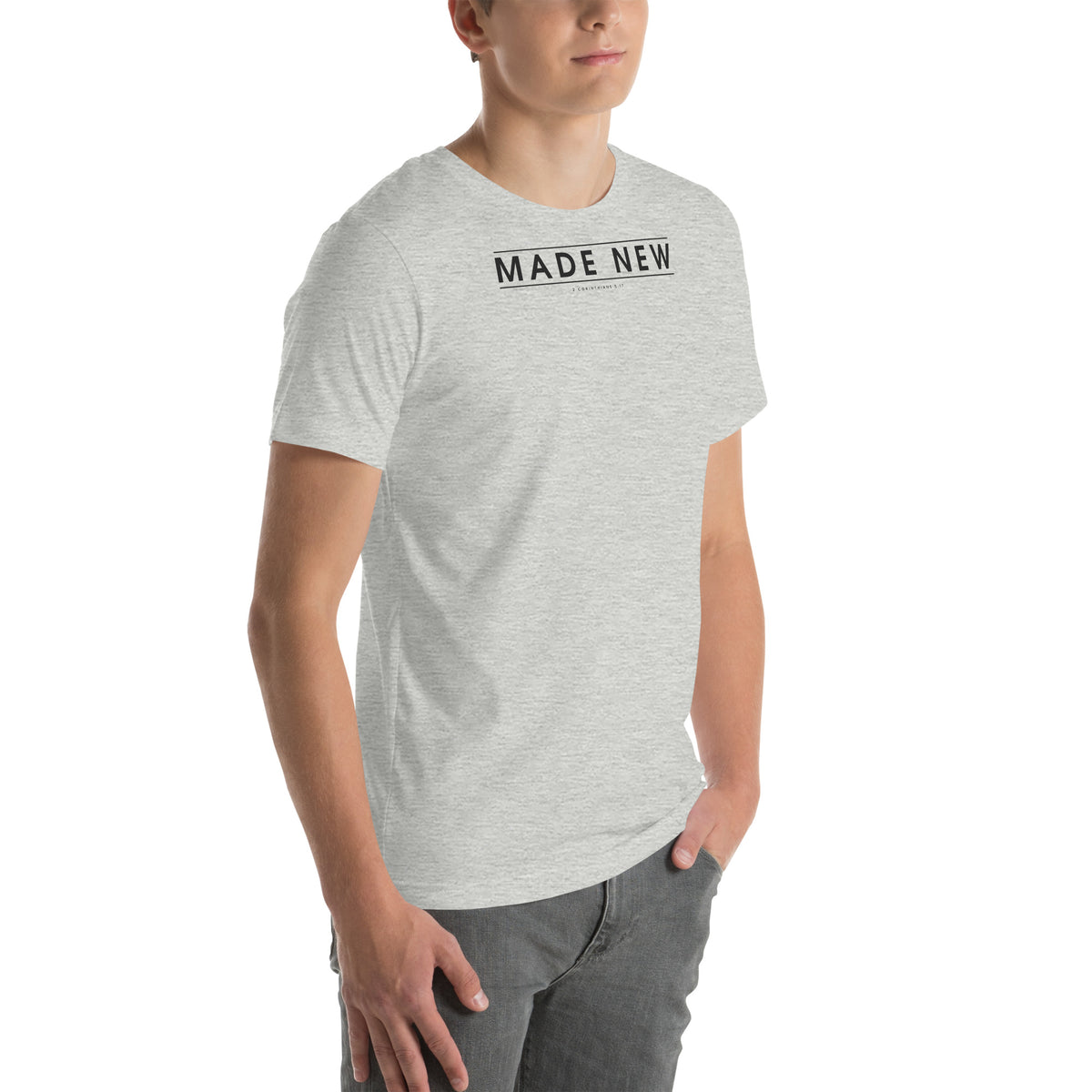 Made New Christian unisex tee in Athletic Heather, right-front view on model
