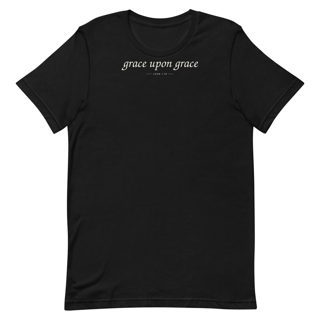 Grace Upon Grace Christian unisex tee in Black, flat lay front view