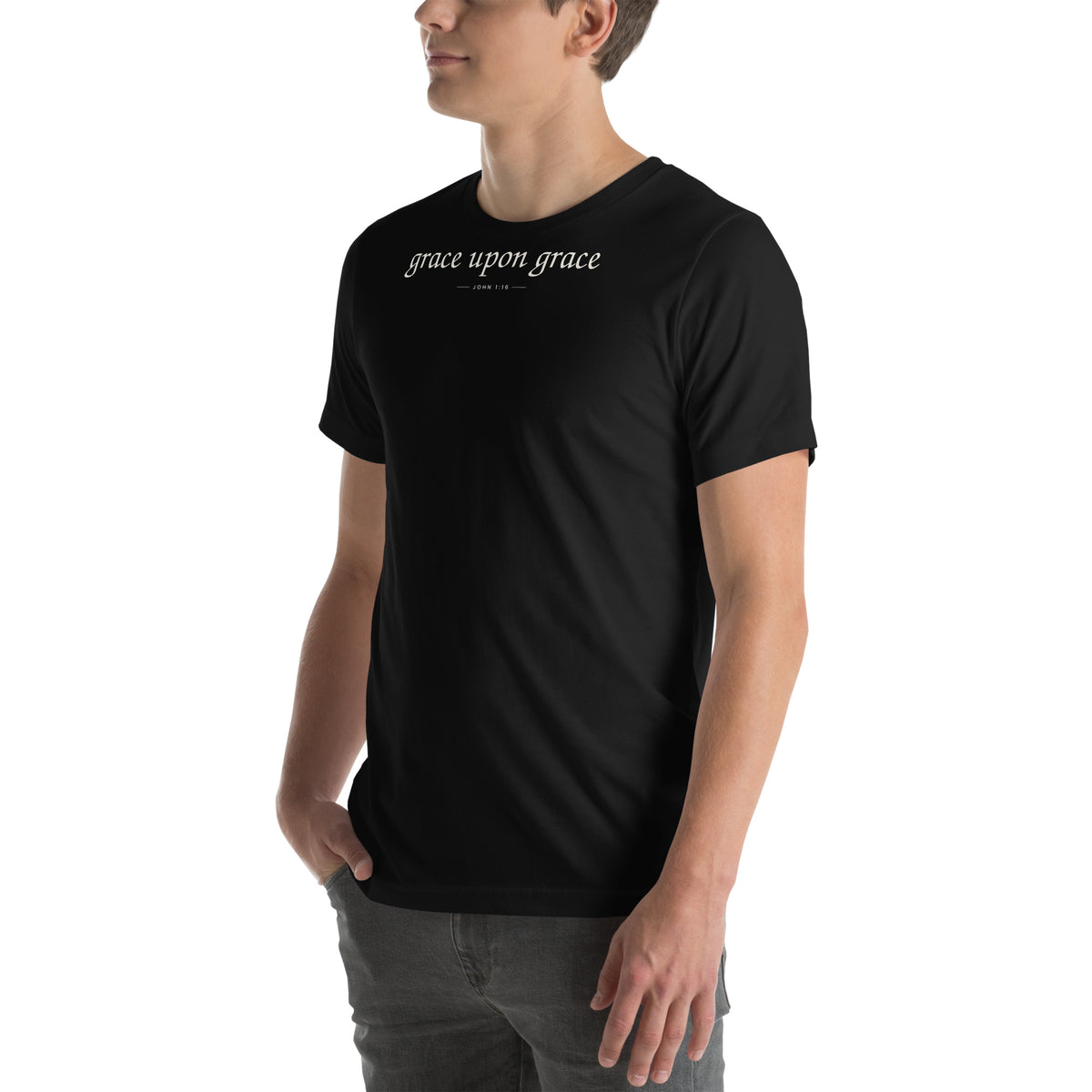 Grace Upon Grace Christian unisex tee in Black, left-front view on model