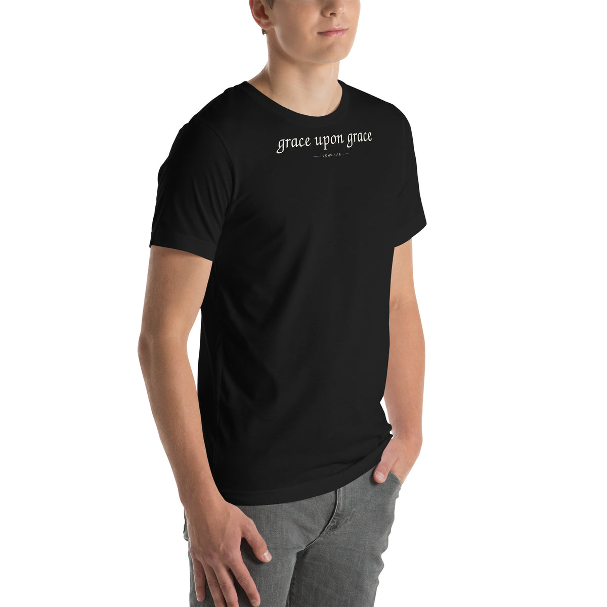 Grace Upon Grace Christian unisex tee in Black, right-front view on model