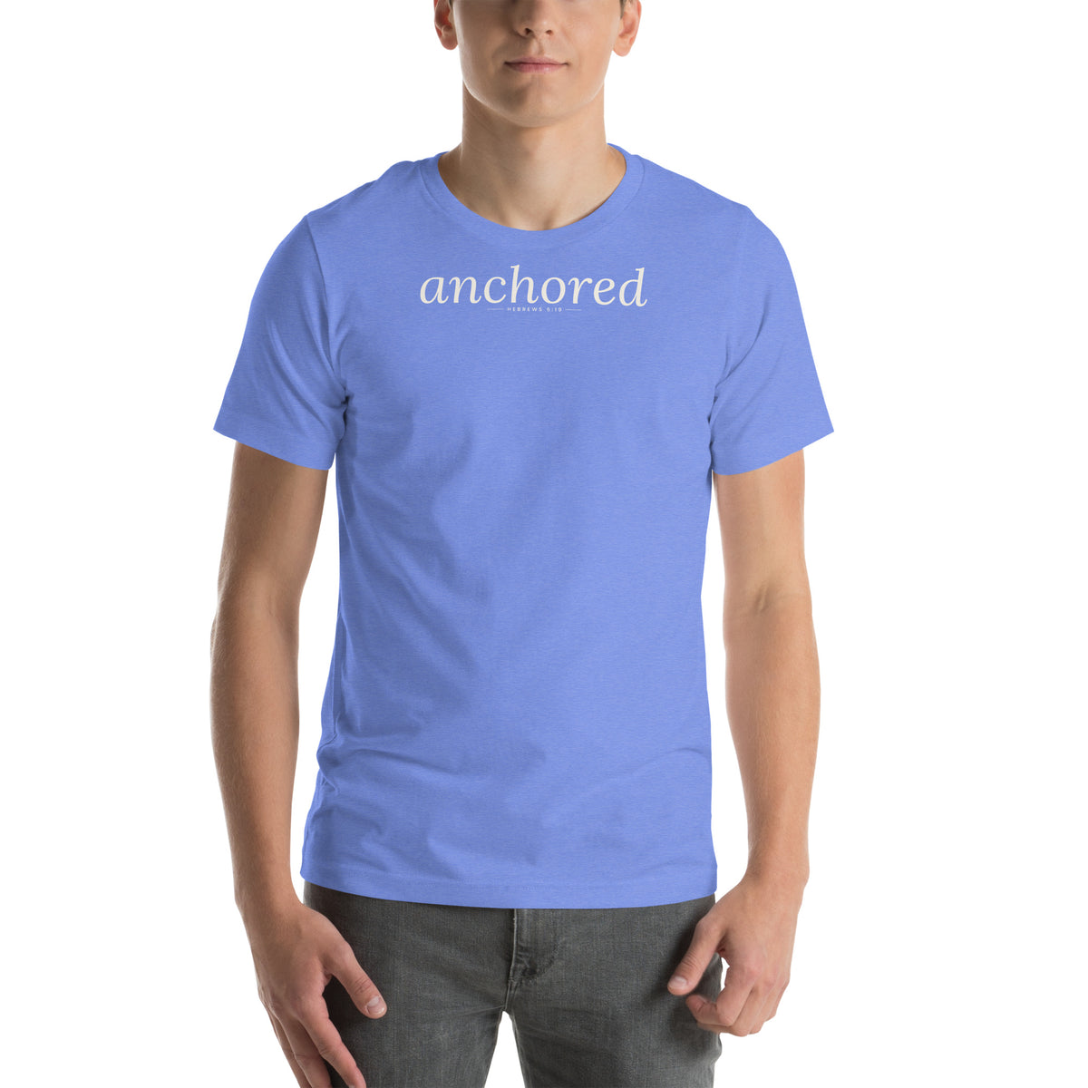 Anchored Christian unisex tee in Heather Columbia Blue, front view on model