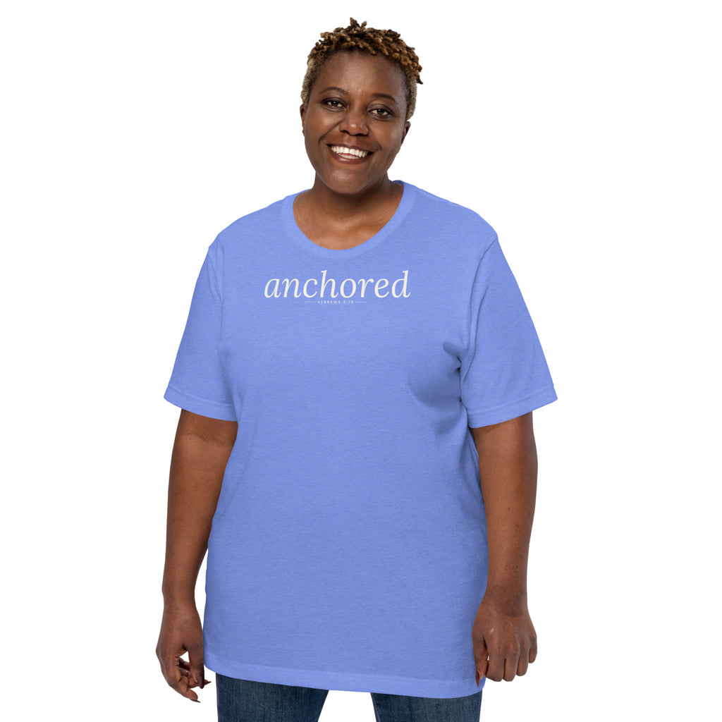 Anchored Christian unisex tee in Heather Columbia Blue, front view on women's model