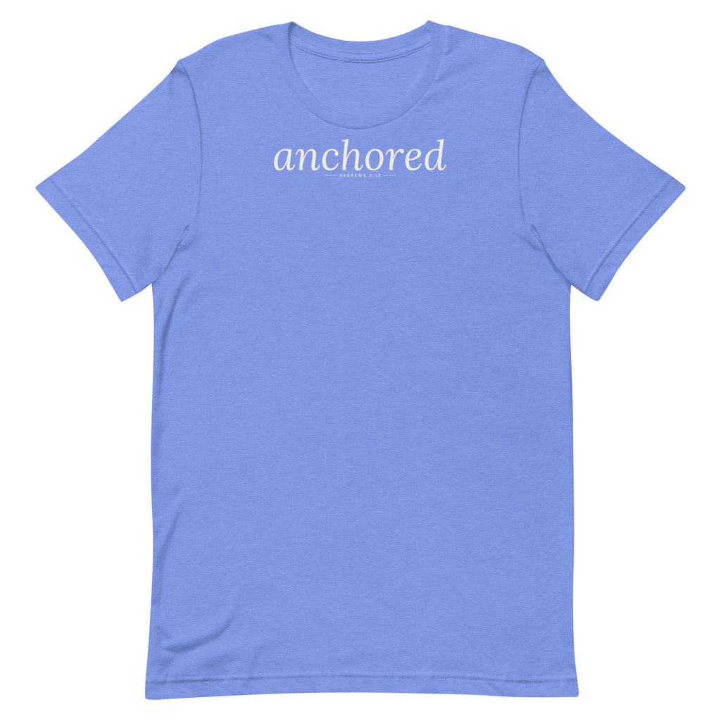 Anchored Christian unisex tee in Heather Columbia Blue, flat lay front view