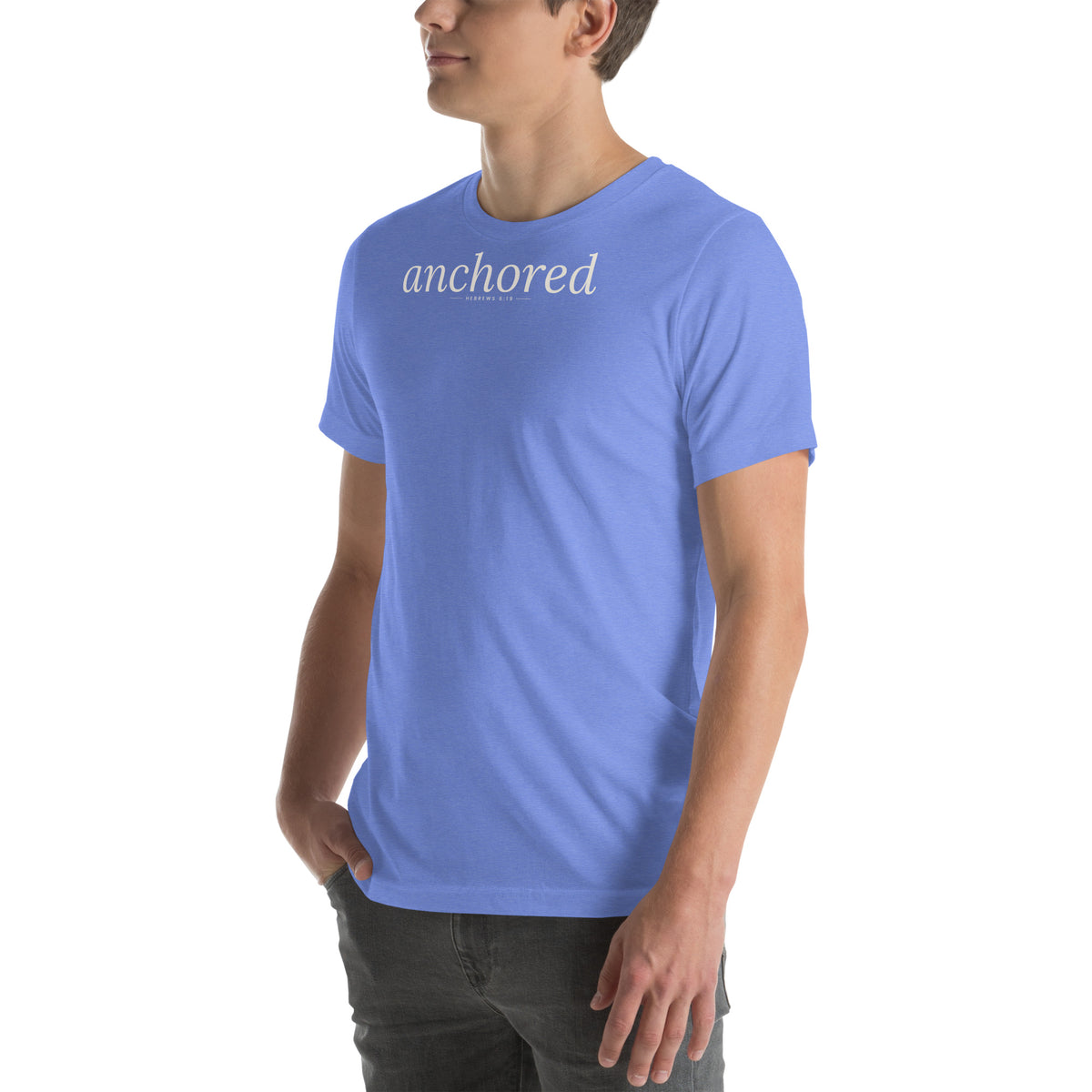 Anchored Christian unisex tee in Heather Columbia Blue, left-front view on model