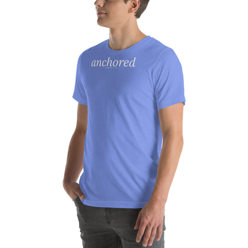 Anchored Christian unisex tee in Heather Columbia Blue, left-front view on model