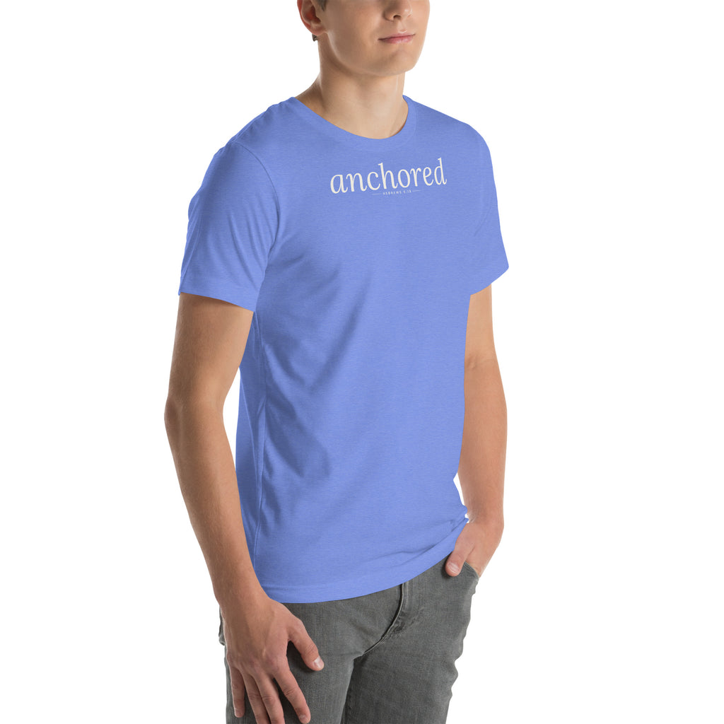 Anchored Christian unisex tee in Heather Columbia Blue, right-front view on model